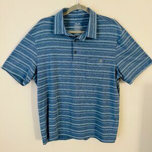 Huk Performance Fishing Blue Striped Short Sleeved Collared Stretch Polo Mens L